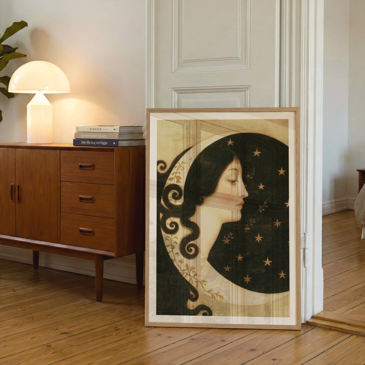 Vintage Art Nouveau Moon Goddess Print, Crescent Moon and Stars, Celestial Woman Portrait Poster