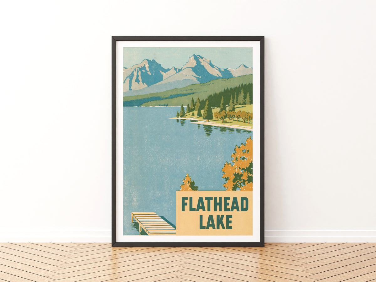 Flathead Lake Montana Retro Poster, Vintage Travel Print, Mountain Lake Wall Art, Cabin Decor