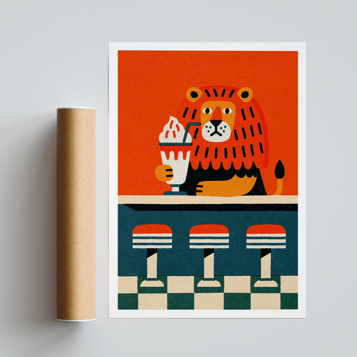 Retro Lion Diner Poster, Vintage Milkshake Wall Art, Funny Animal Print, Bold Colourful Decor
