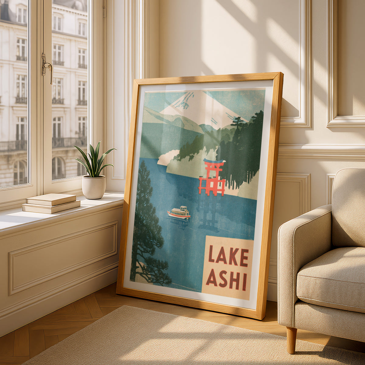 Lake Ashi Retro Travel Poster, Vintage Travel Print, Mount Fuji Japan Wall Art, Torii Gate Print