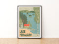 Retro Lake Puhajarv Estonia Print, Vintage Travel Poster, Birch Trees, Red Cabin Lakeside Wall Art