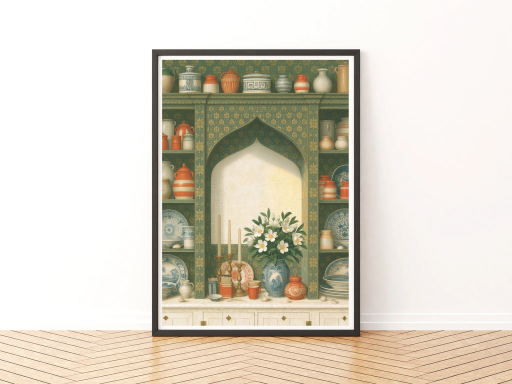 Vintage Pottery Shelf Print, Classic Kitchen Still Life, Floral Vase Wall Art Poster