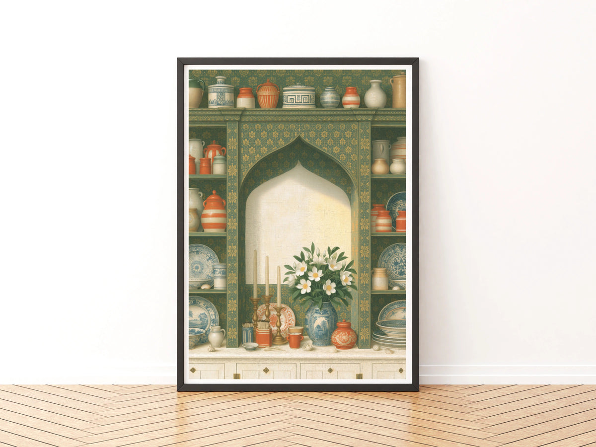 Vintage Pottery Shelf Print, Classic Kitchen Still Life, Floral Vase Wall Art Poster