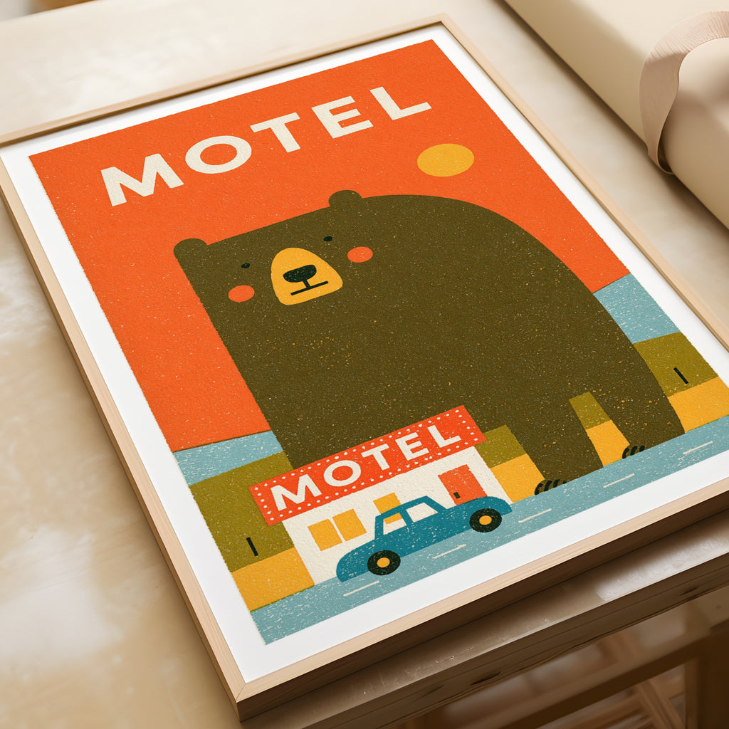 Retro Bear Motel Poster, Vintage Road Trip Wall Art, Funny Bear Print, Orange Quirky