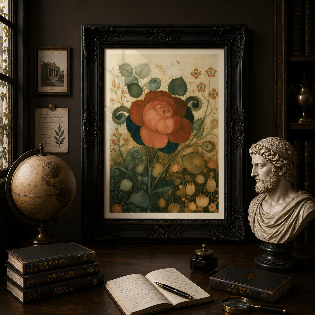 Vintage Rose Botanical Wall Art, Whimsical Floral Print, Rust Red Flower Poster, Cottage Garden