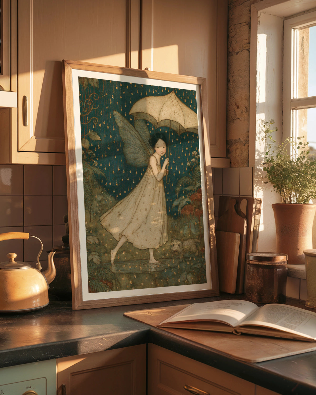 Splish Splash Rain Fairy Classic Art Print, Teal Gold Whimsical Fairy Poster, Folk Illustrated Wall Art