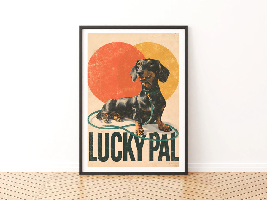 Retro Dachshund Poster, Lucky Pal Sausage Dog Print, Vintage Folk Wall Art