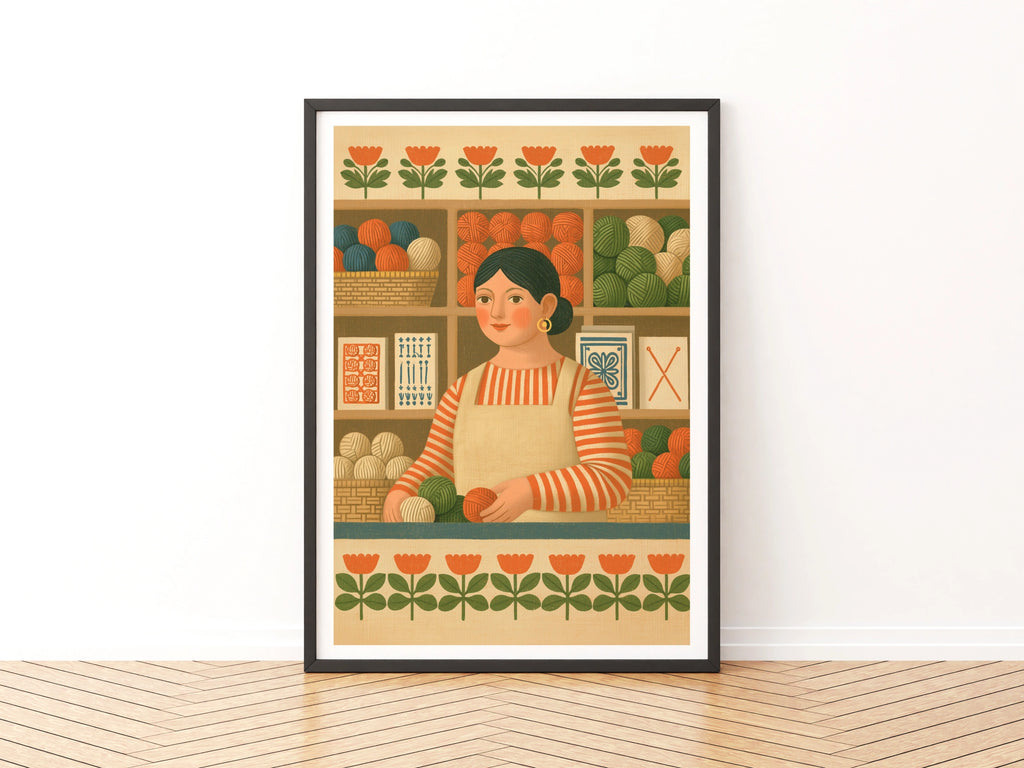 Retro Yarn Shop Print, Sewing Craft Room Wall Art, Folk Style Knitting Poster, Gift for Crafter