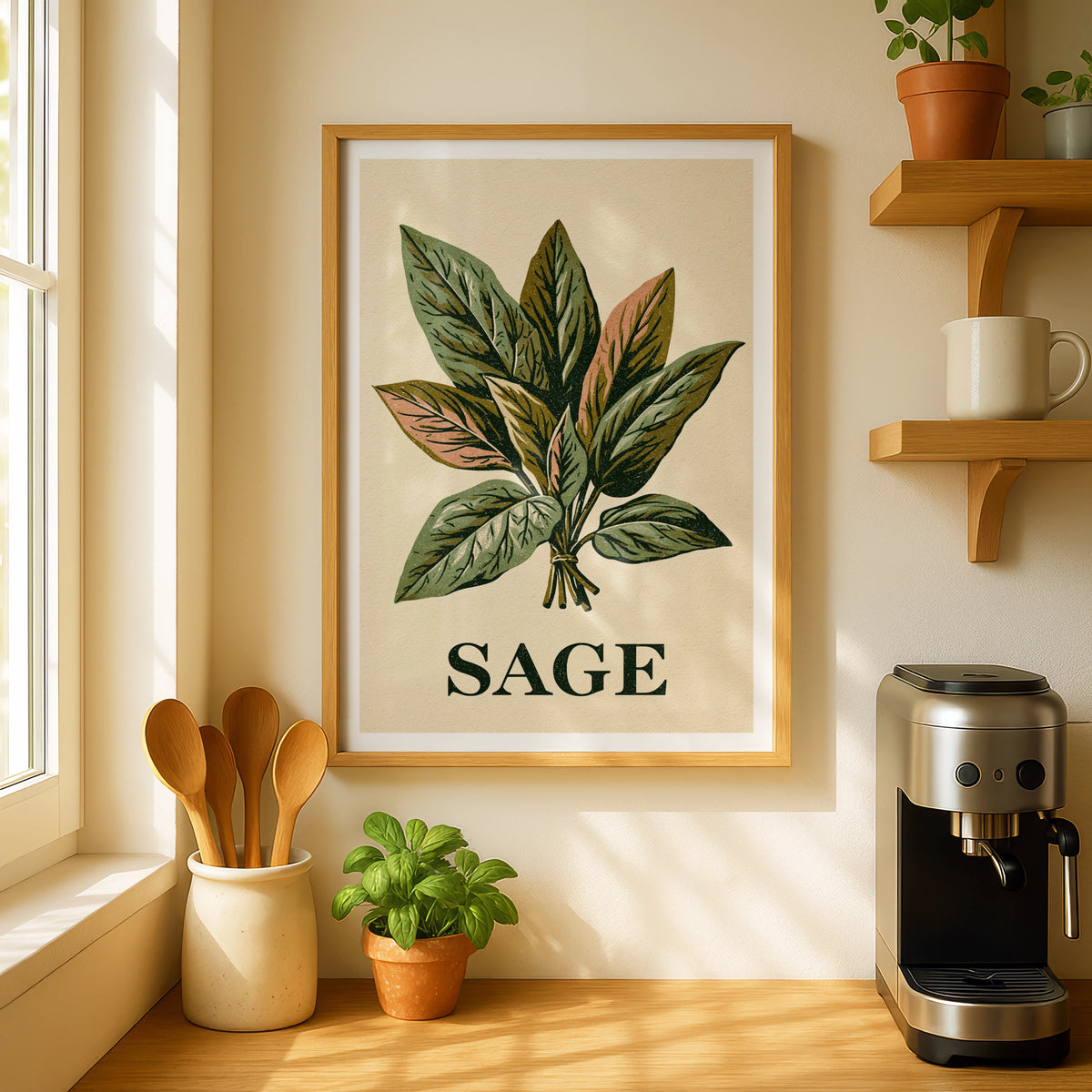 Sage Herb Vintage Food Poster Print | Rustic Kitchen Decor | Retro Mid Century Risograph Art