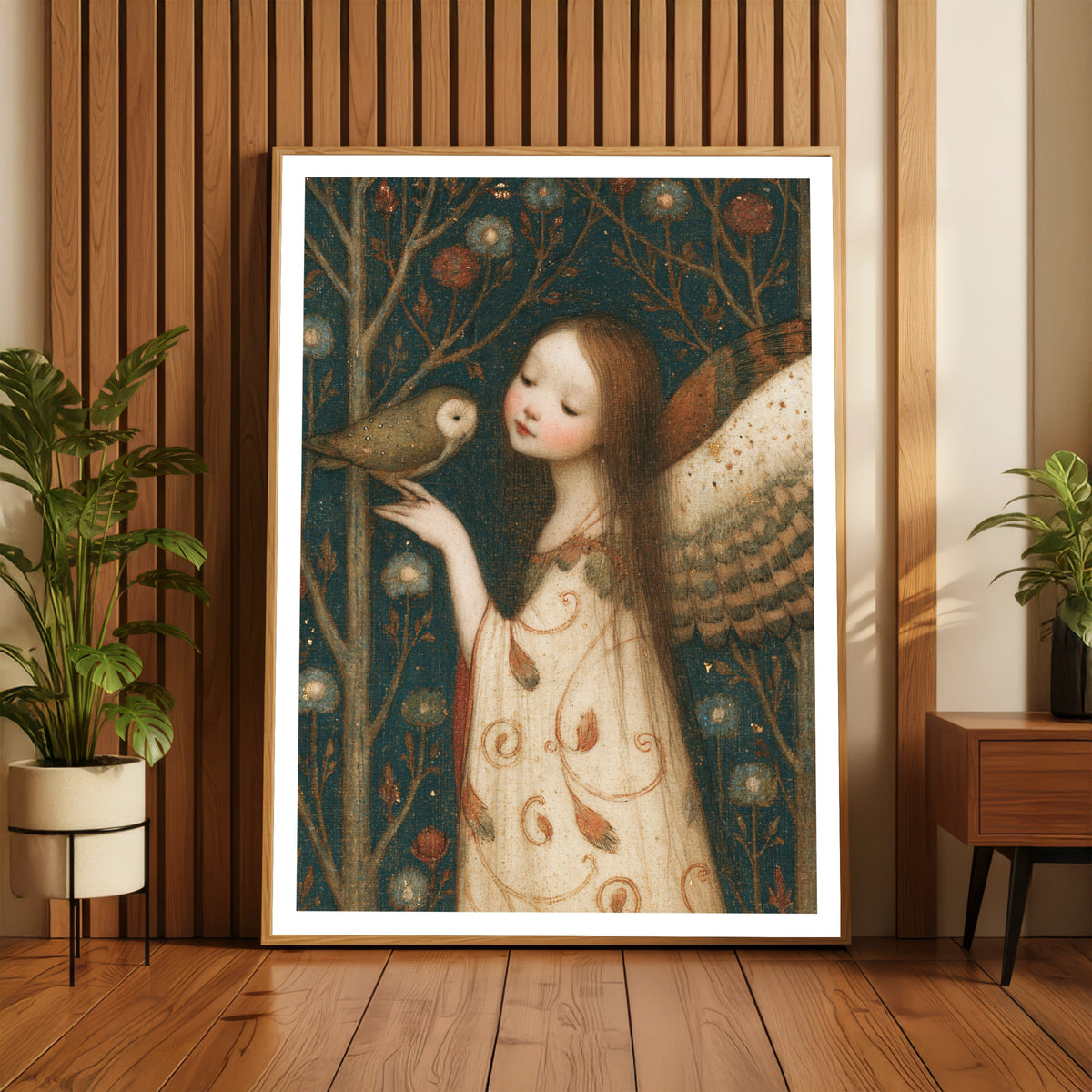Owl Fairy - Classic Inspired Fairy Print, Folk Art Poster, Teal Floral Wall Art