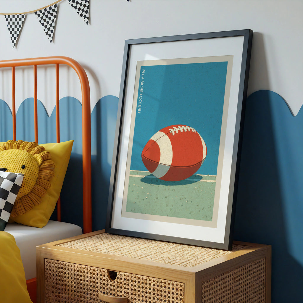 Retro American Football Poster, Play More Football Print, Vintage Sports Wall Art, Kids Room