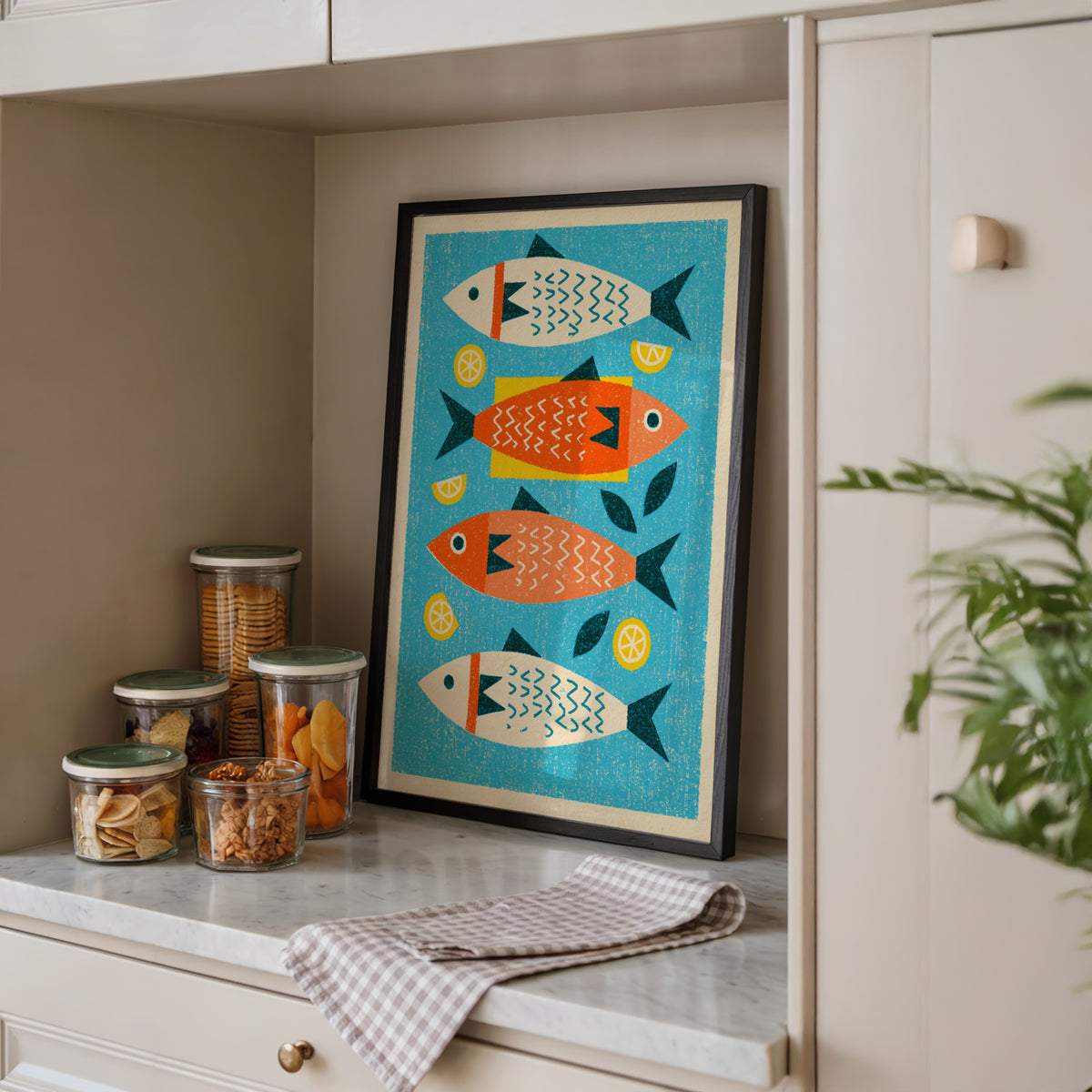 Vintage Food Poster Print | Rustic Kitchen Decor, Mid Century Sardine Fish Art, Retro Seafood Wall