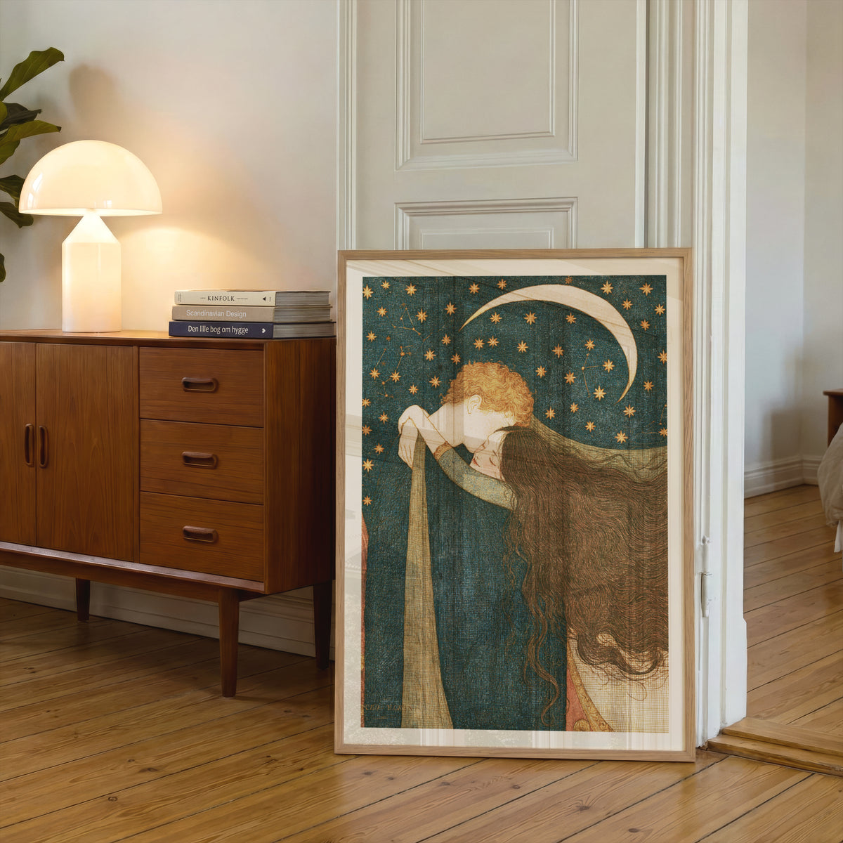 Celestial Lovers Wall Art, Crescent Moon and Stars Print, Romantic Vintage Poster, Bedroom Decor