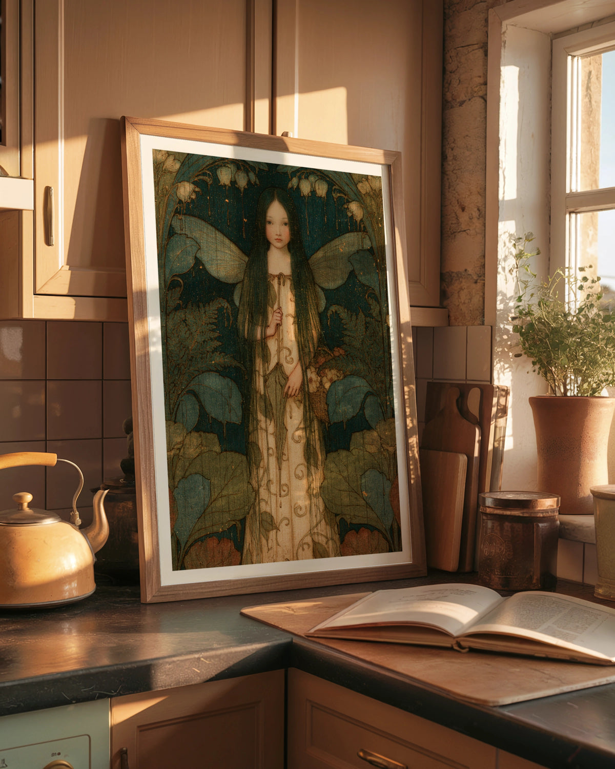 Rain Fairy Girl Art Nouveau Print, Classic Inspired Folk Art, Teal Floral Fantasy Poster