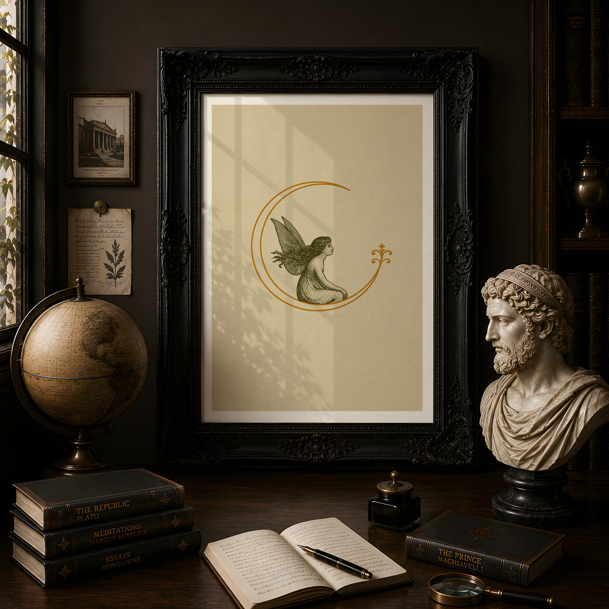 Vintage Fairy on Crescent Moon Art Print, Whimsical Fairycore Poster, Woodland Nature Wall Decor