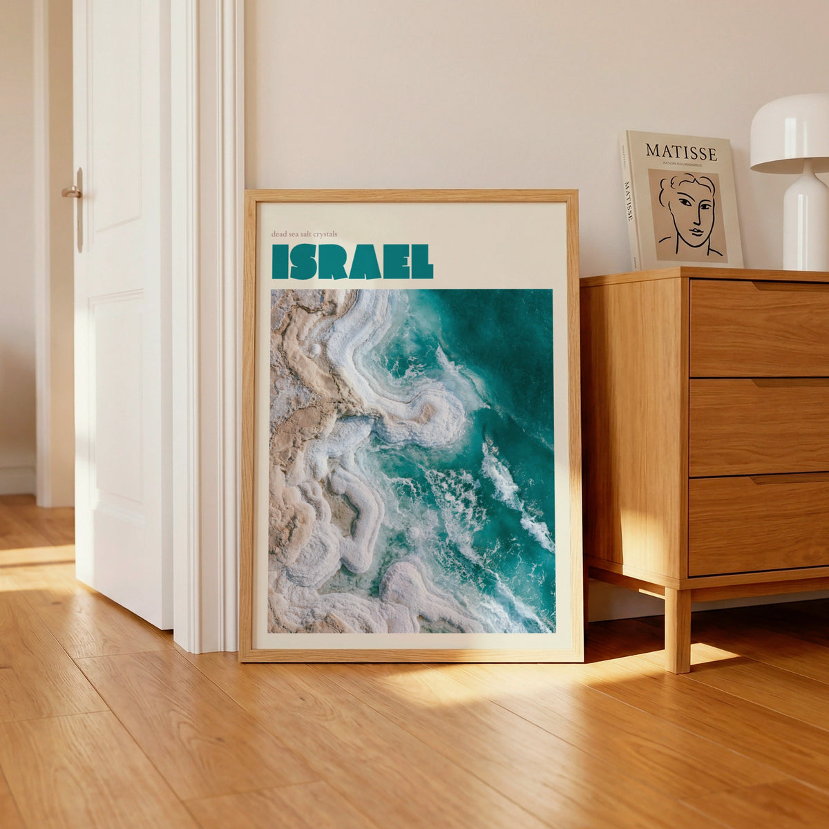 Israel Dead Sea Print, contemporary travel wall art, teal salt crystals aerial