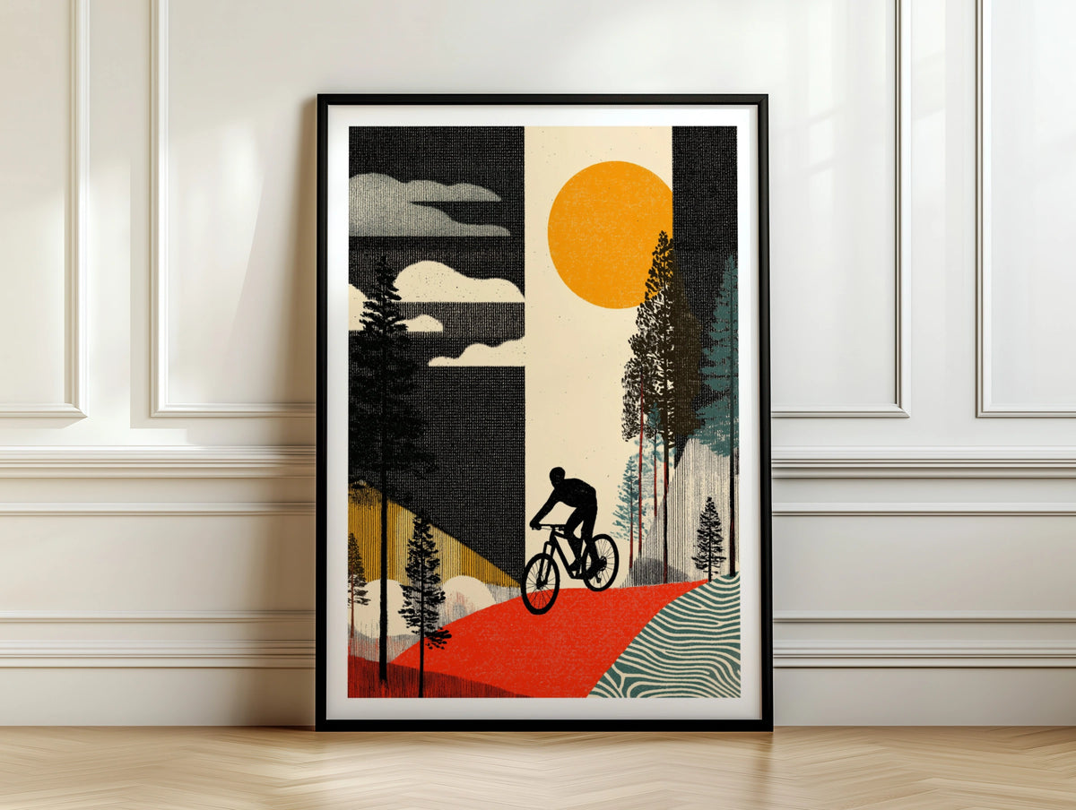 Retro Mountain Bike Poster, Cycling Art Print, Forest Trail, Vintage Sun Wall Art