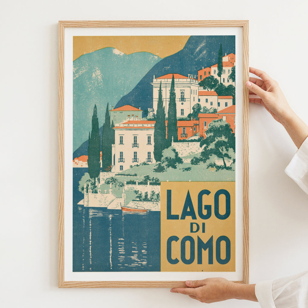 Retro Lago di Como Poster, Vintage Travel Print, Italian Lake Villa Wall Art, Lake Como Italy Decor