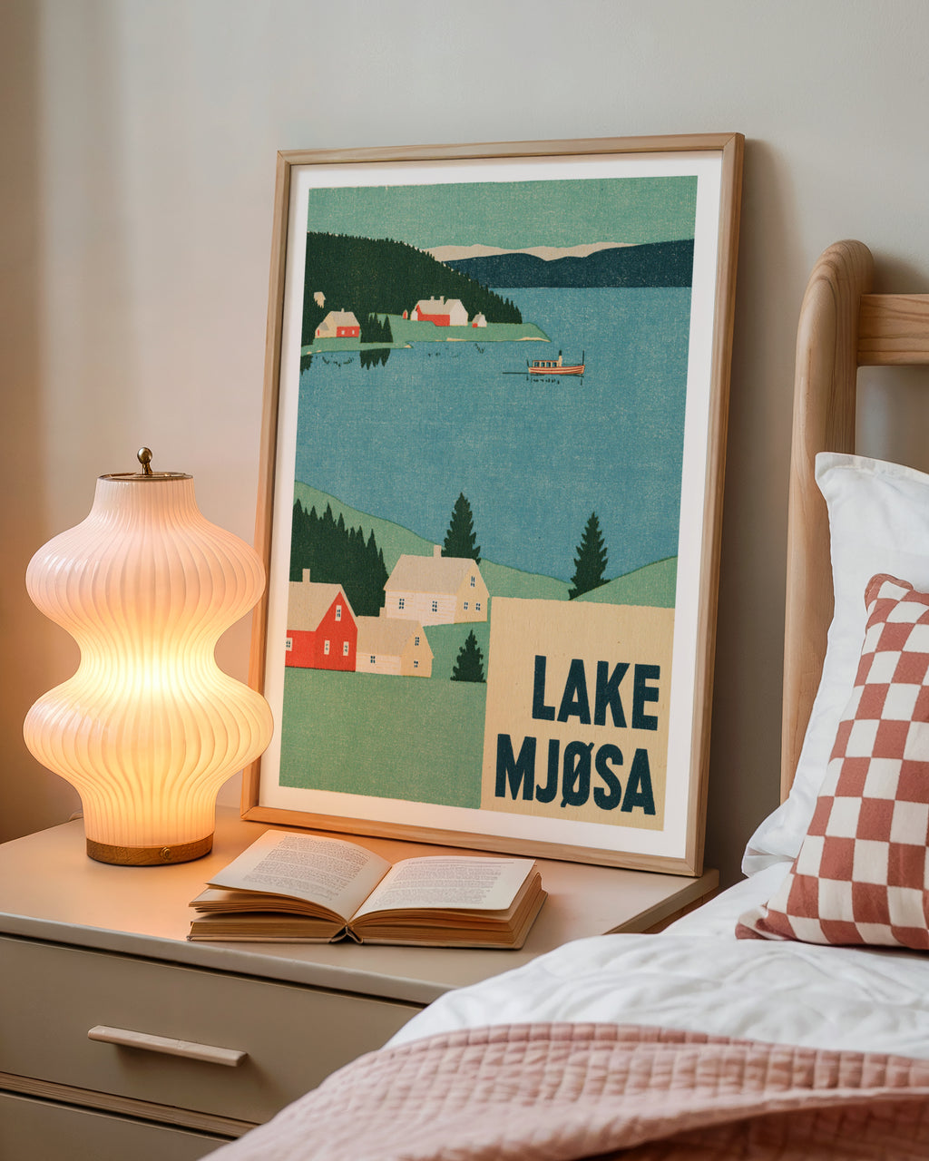Retro Lake Mjosa Norway Poster, Vintage Travel Print, Scandinavian Wall Art, Norwegian Lake