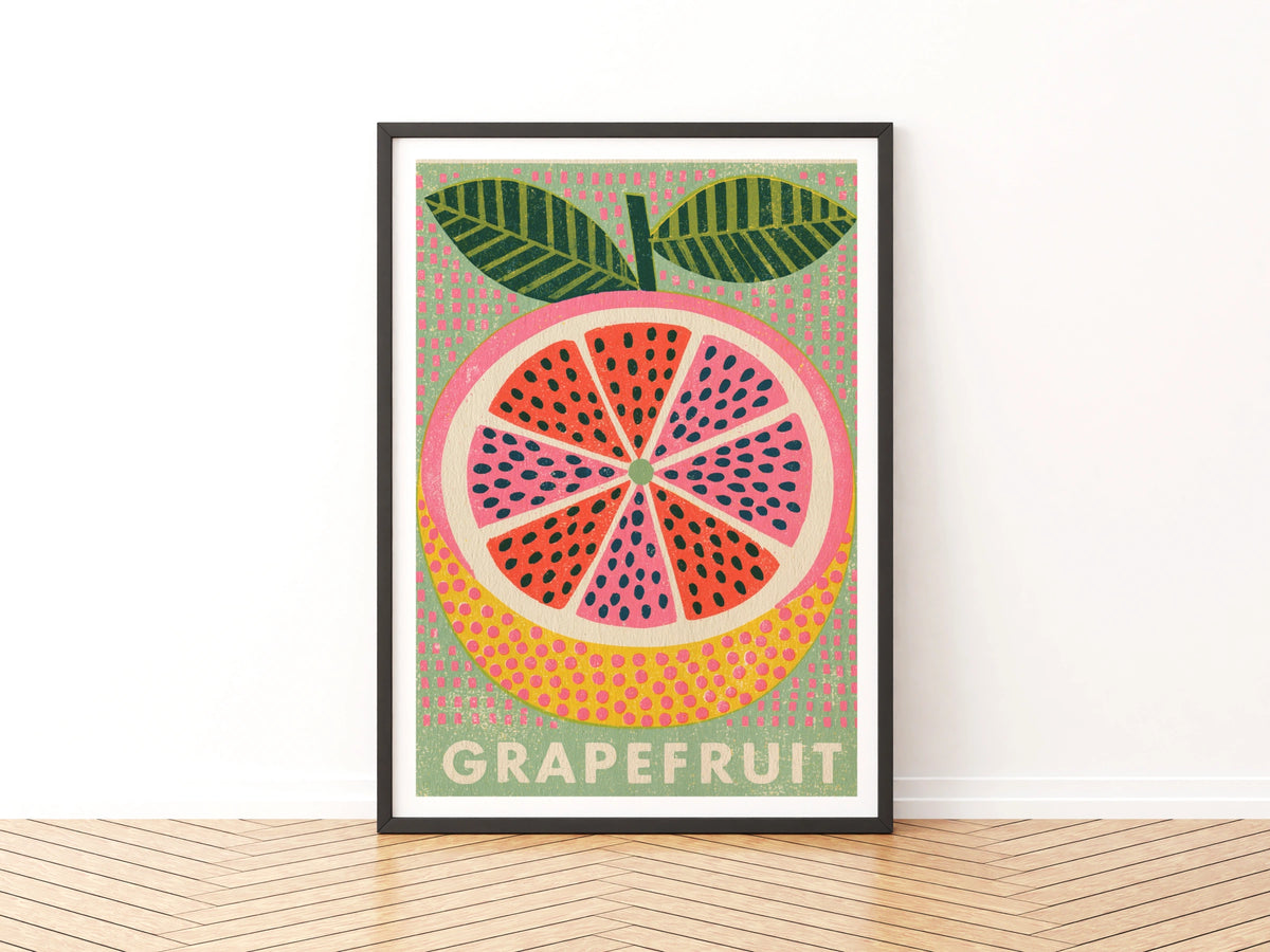 Grapefruit Vintage Food Poster Print | Rustic Kitchen Decor | Retro Mid Century Risograph Art
