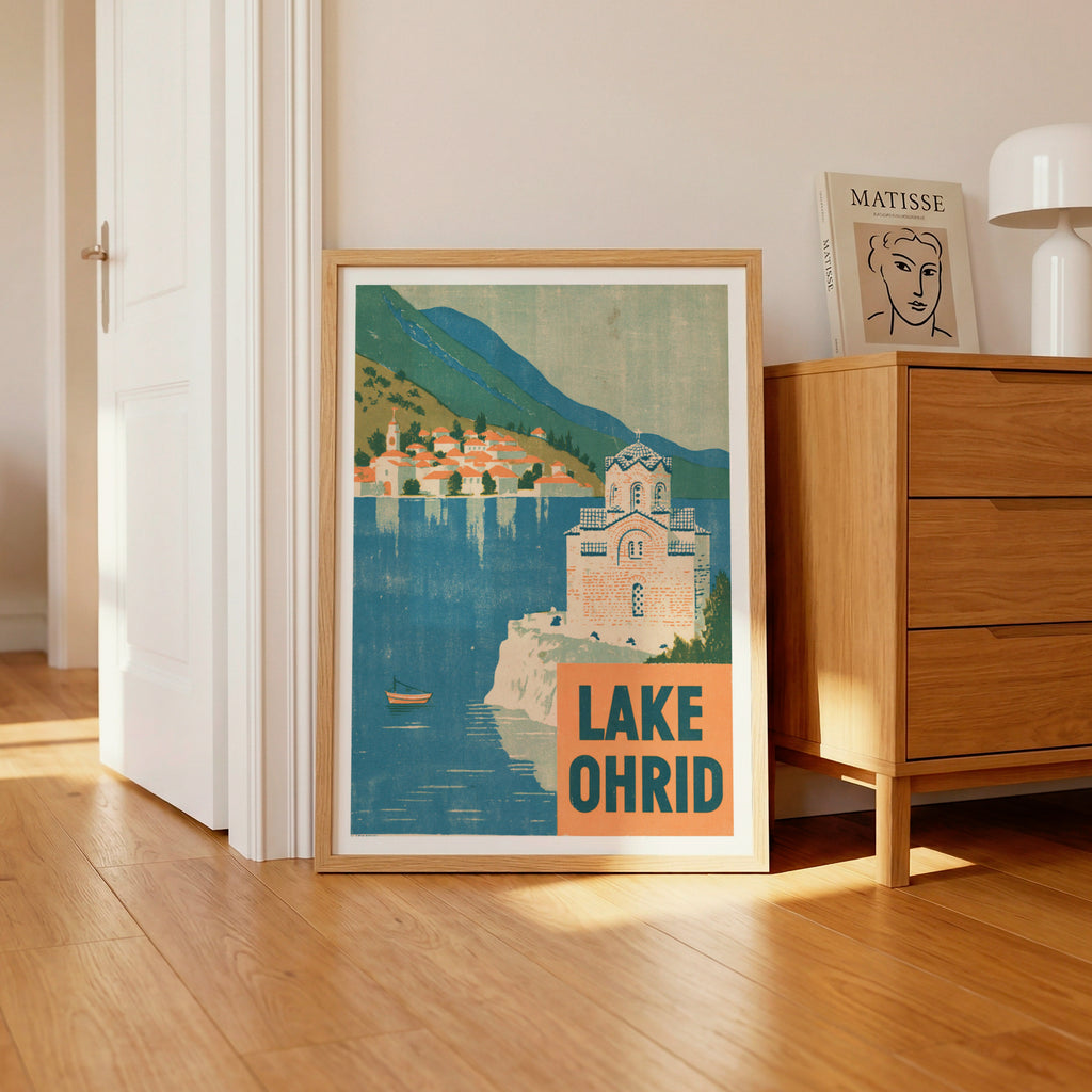 Retro Lake Ohrid Poster, Vintage Travel Print, North Macedonia Church Wall Art, Balkans Gift