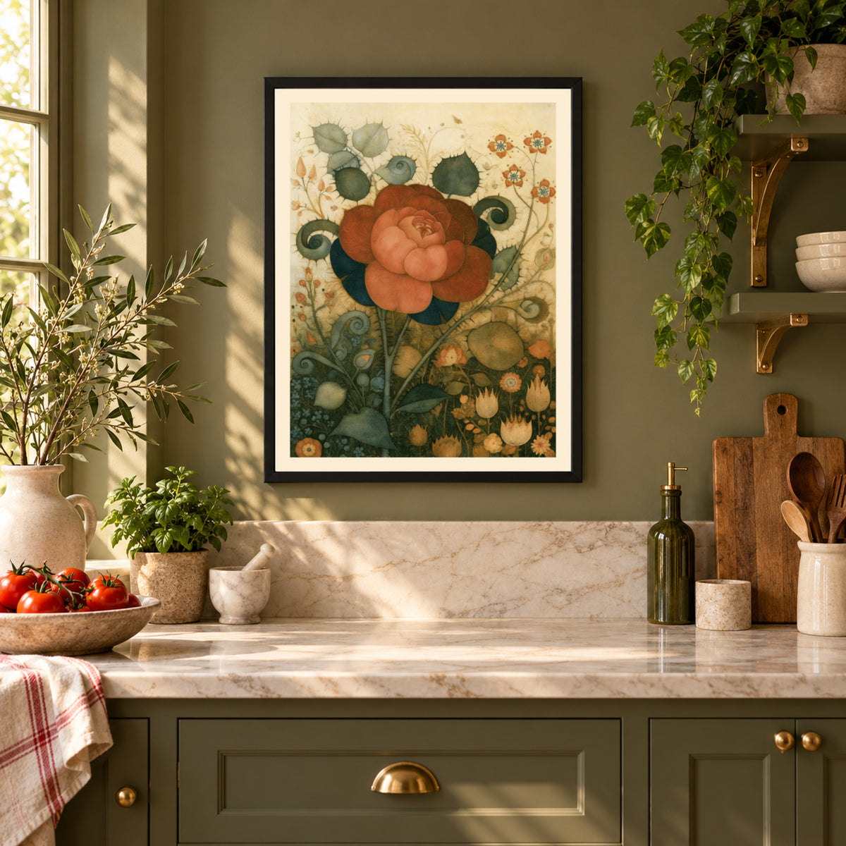 Vintage Rose Botanical Wall Art, Whimsical Floral Print, Rust Red Flower Poster, Cottage Garden