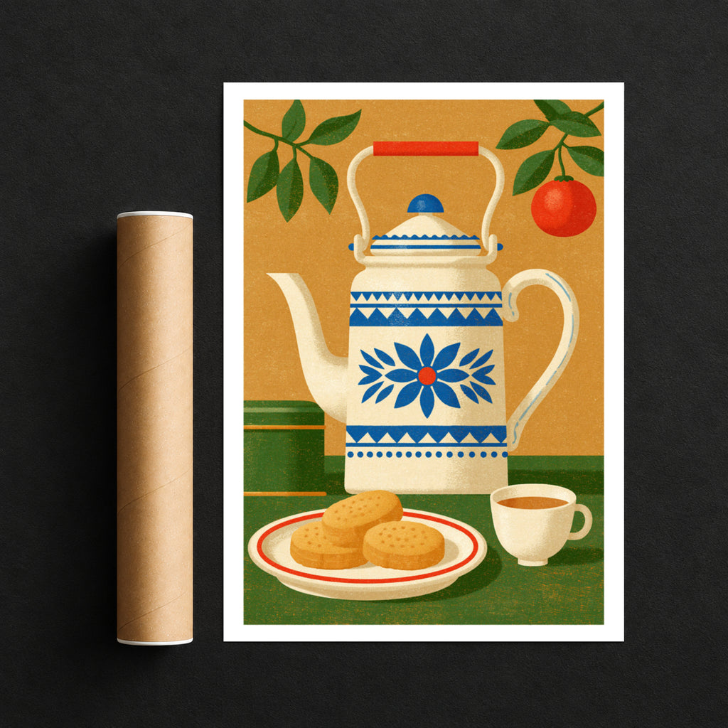 Vintage Food Poster Print, Retro Tea Kettle Art, Rustic Kitchen Decor, Mid Century Risograph Wall