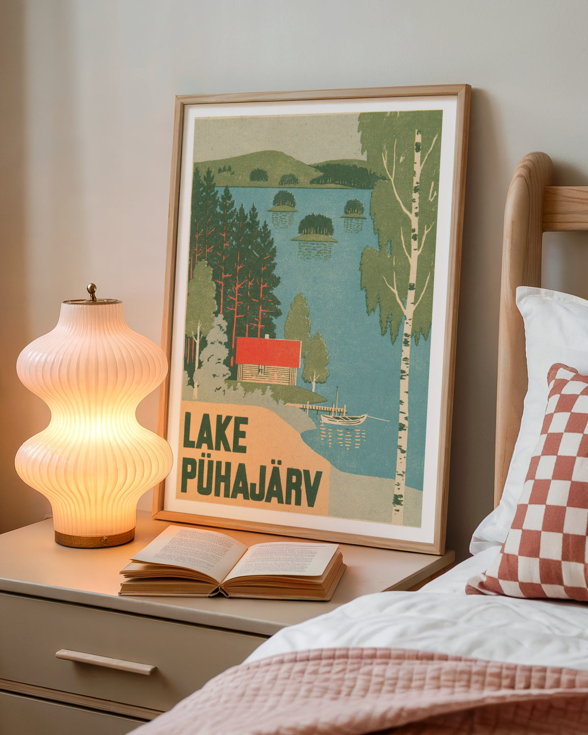 Retro Lake Puhajarv Estonia Print, Vintage Travel Poster, Birch Trees, Red Cabin Lakeside Wall Art