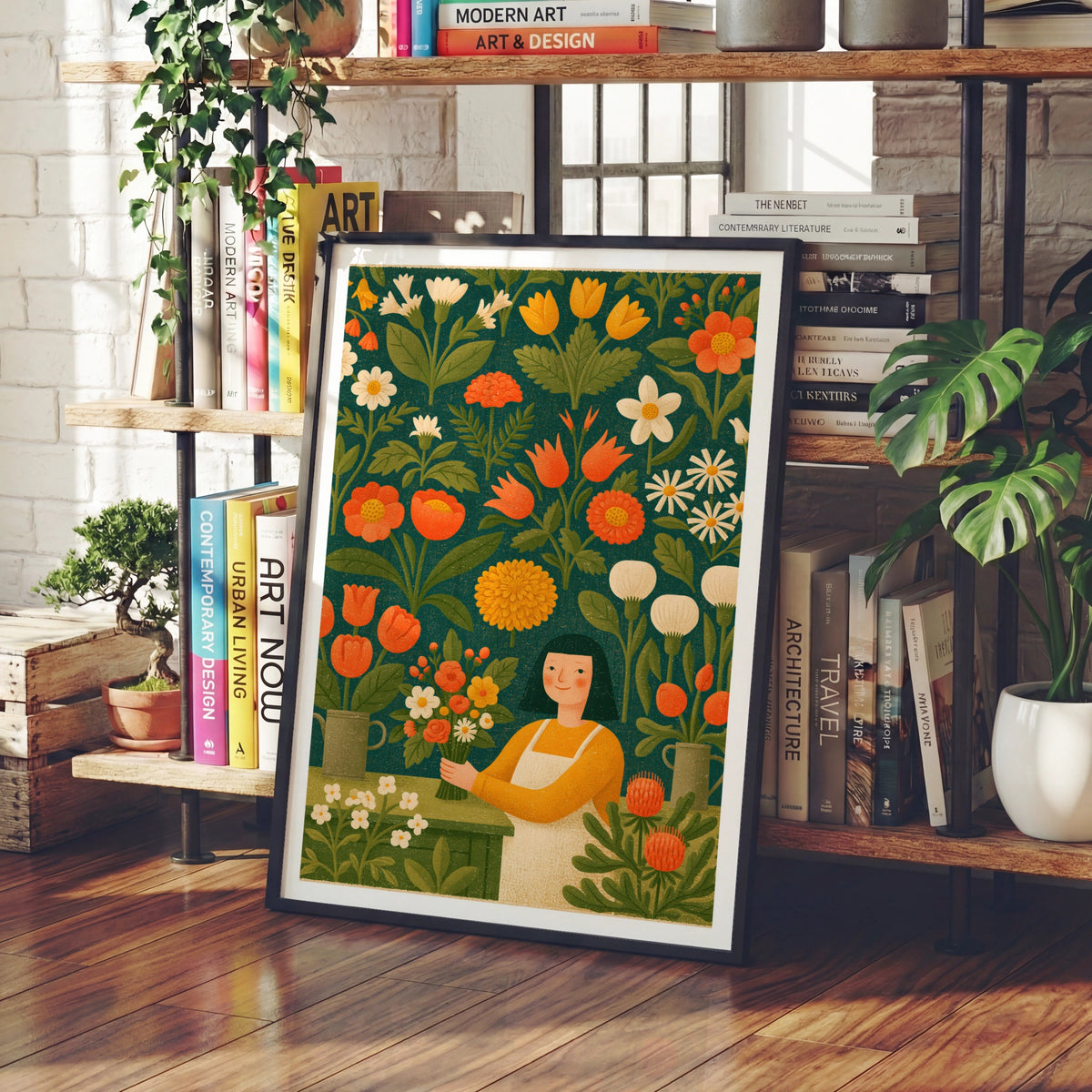 Vintage Florist Girl Poster, Retro Flower Shop Wall Art, Botanical Garden Print