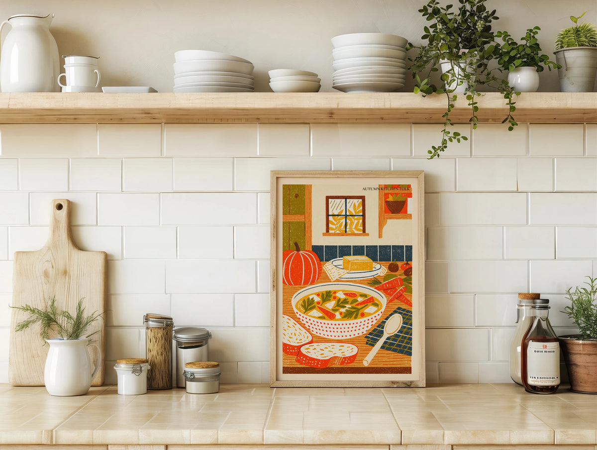 Autumn Soup Kitchen Print, Vintage Food Poster Print, Rustic Kitchen Decor, Retro Mid Century
