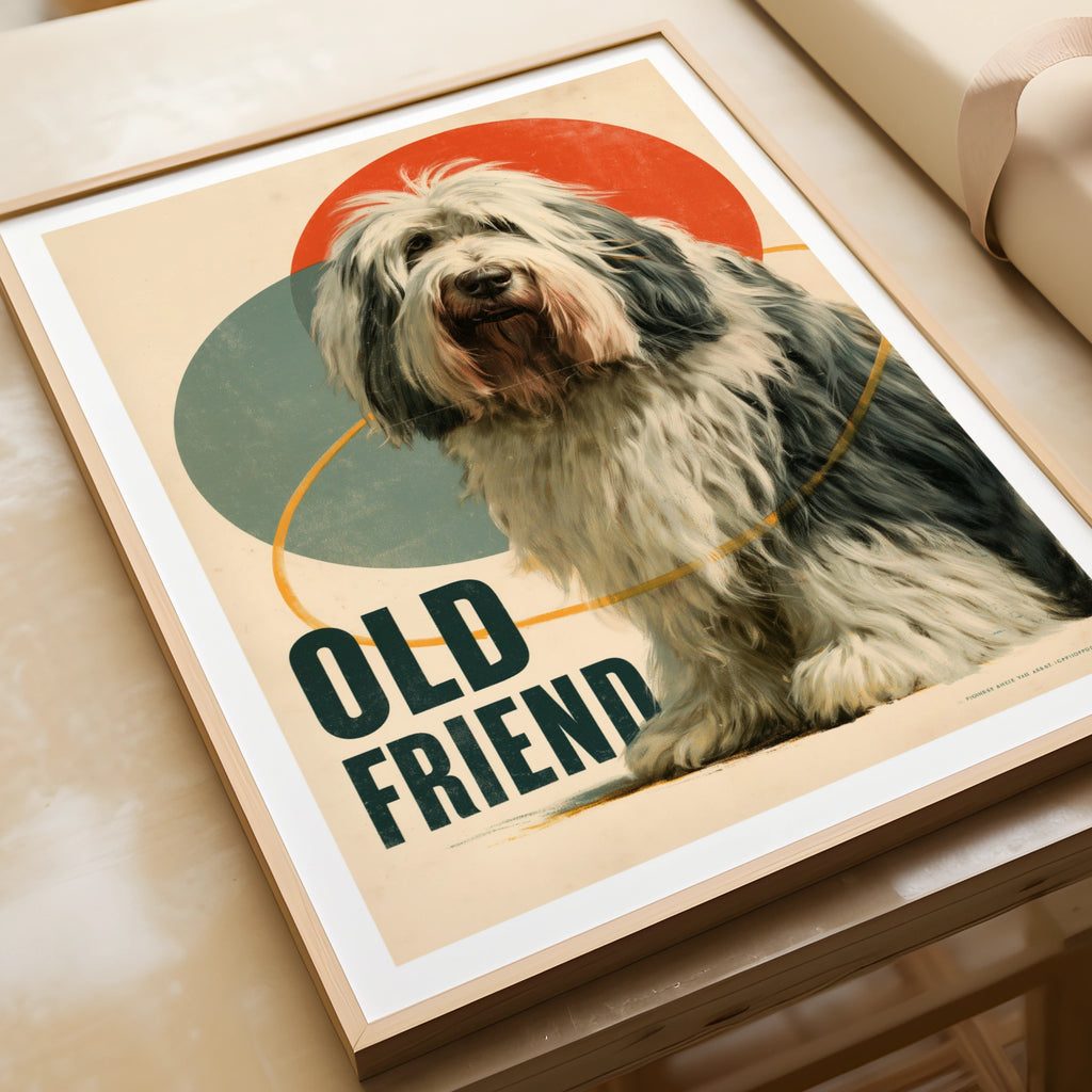Old English Sheepdog Retro Poster, Vintage Dog Print, Folk Wall Art, Bobtail Gift
