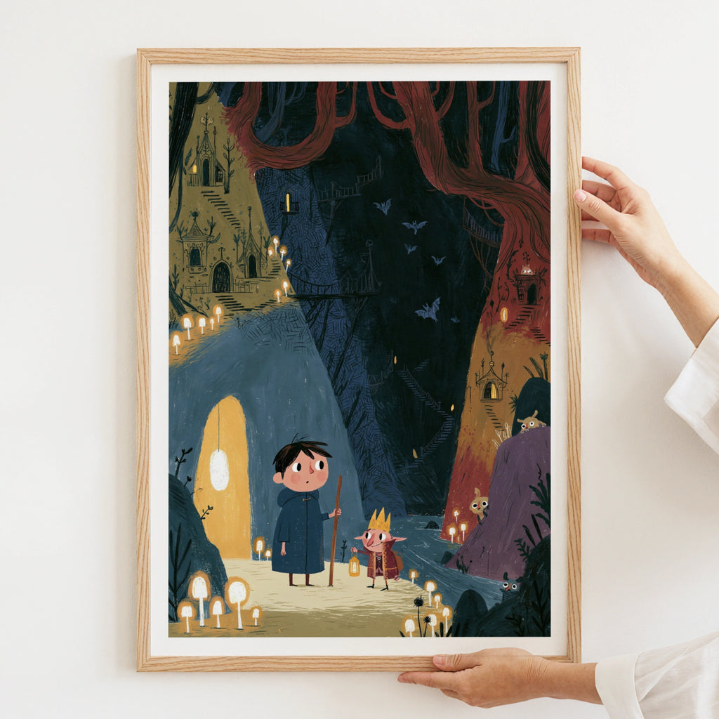 Retro Children's Fantasy Cave Print, Folk Art Kids Poster, Elf King Boy Adventure Wall Art