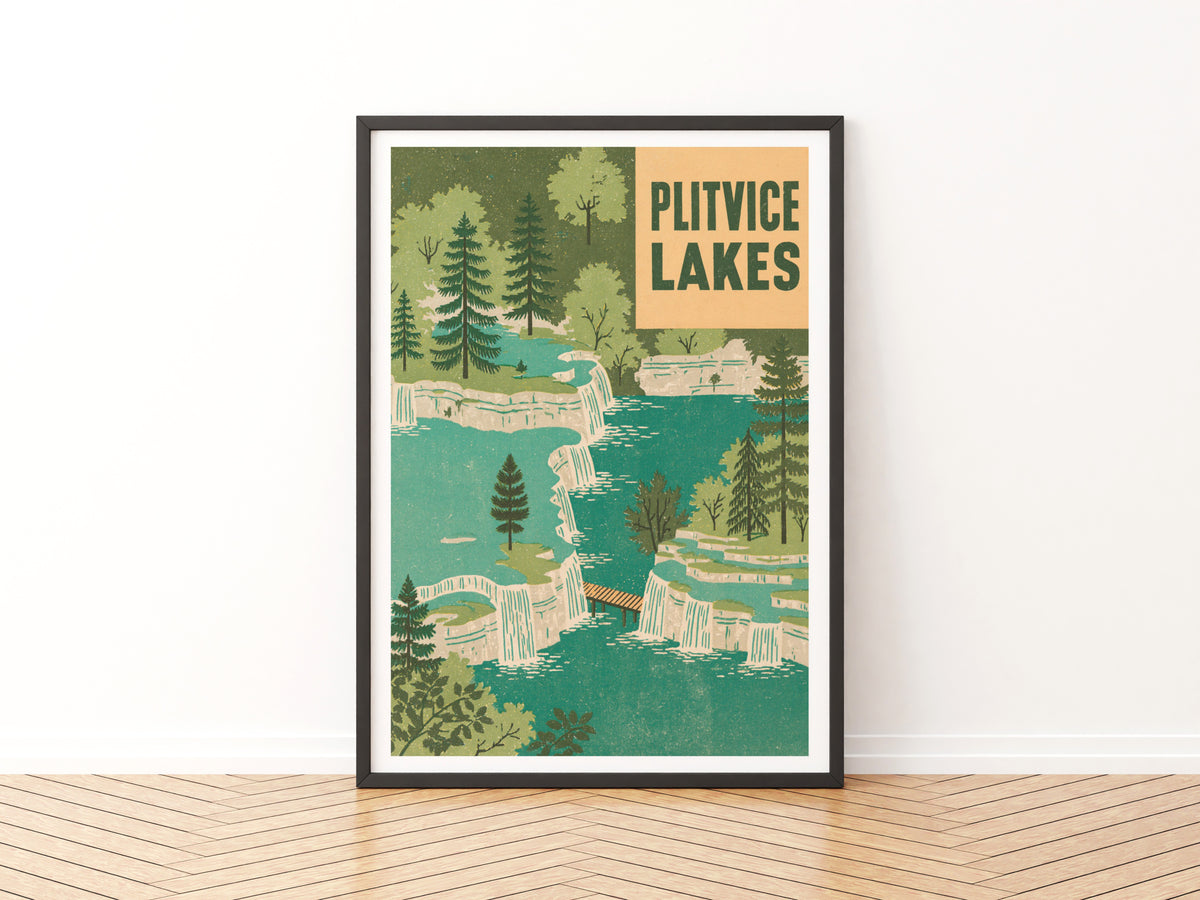 Retro Plitvice Lakes Croatia Poster, Vintage Travel Print, Waterfall Wall Art, Green Nature Art
