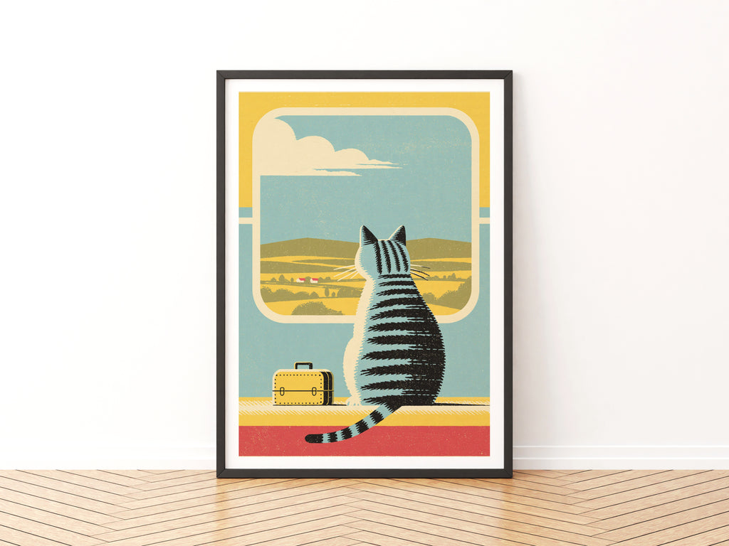 Retro Cat Train Travel Print, Tabby Cat Wall Art, Vintage Folk Style Animal Art, Cat Lover Gift