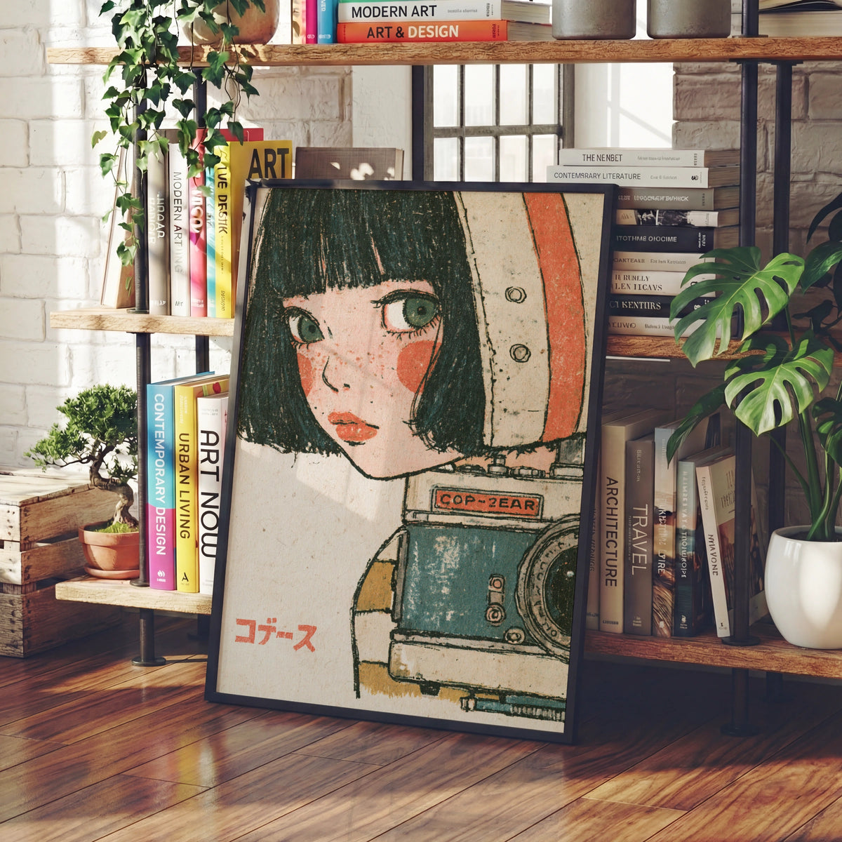 Retro Japanese Girl Camera Poster, 1960s Vintage Anime Style Art Print, Kawaii Wall Decor