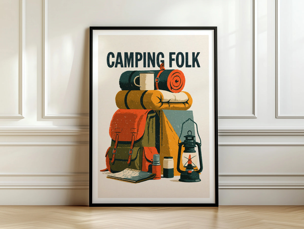 Camping Folk Vintage Poster, Retro Outdoor Wall Art, Hiking Gift Print, Adventure Decor
