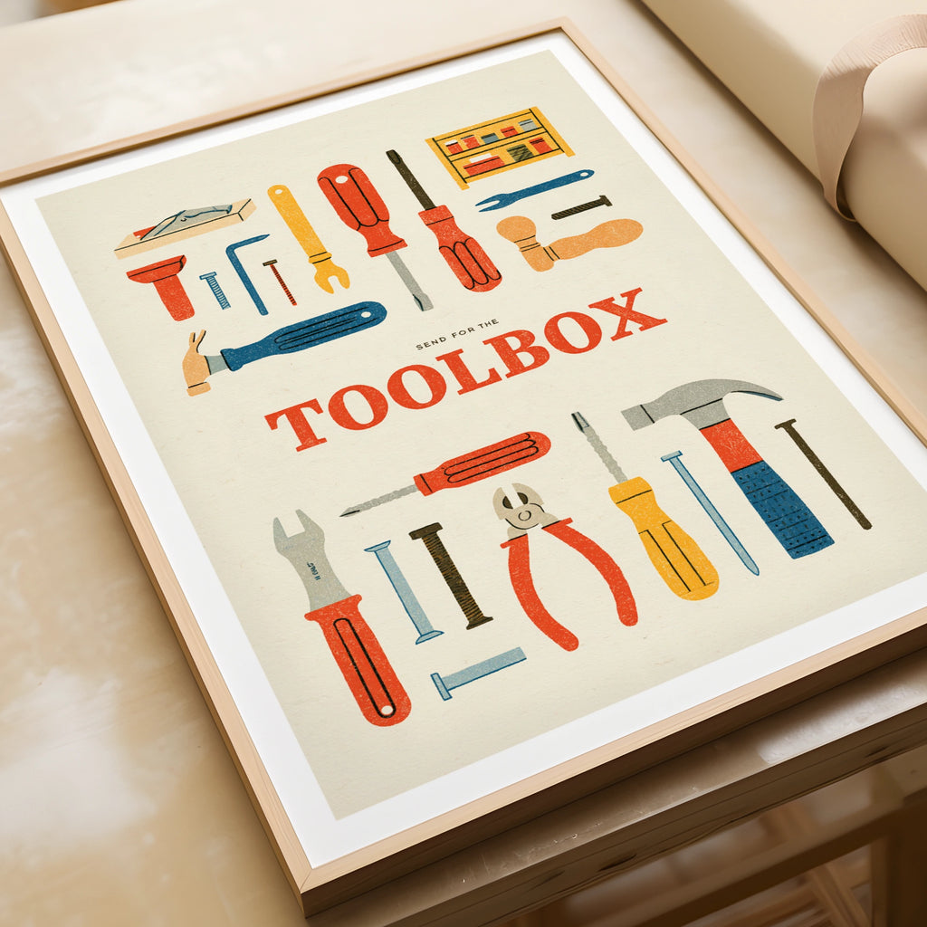 Retro Toolbox Poster, Vintage Tools Wall Art Print, Workshop Decor, Gift for DIY Fan
