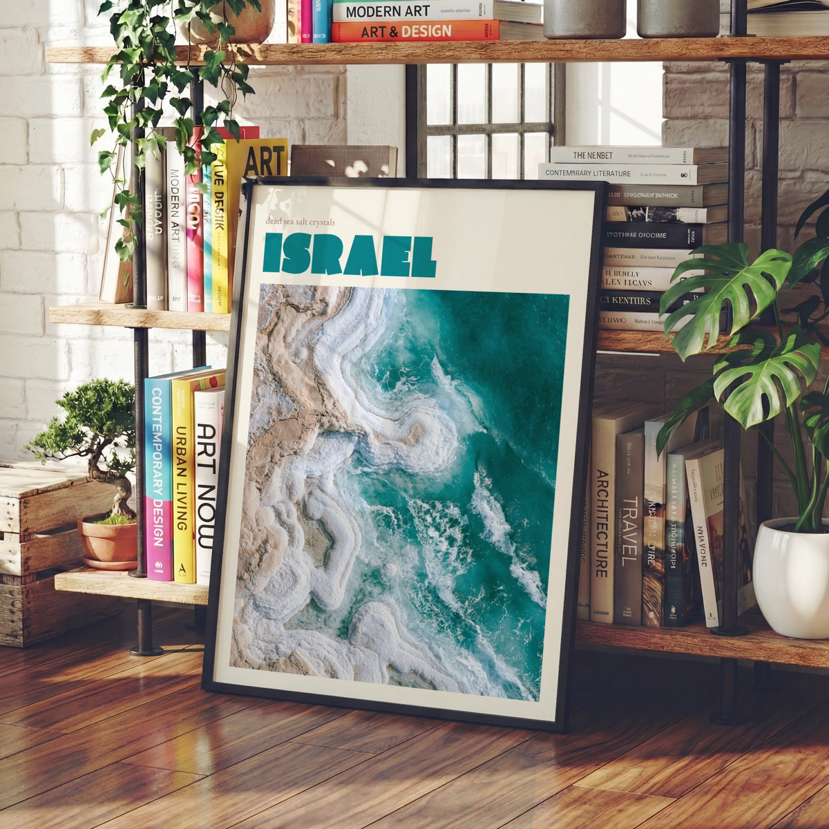 Israel Dead Sea Print, contemporary travel wall art, teal salt crystals aerial