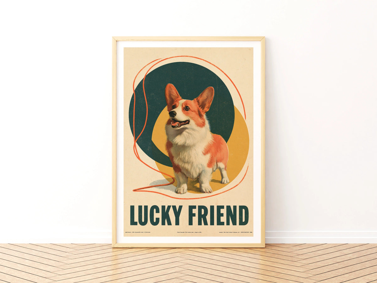 Retro Corgi Poster, Lucky Friend Dog Print, Vintage Style Pet Wall Art, Teal Gold Folk