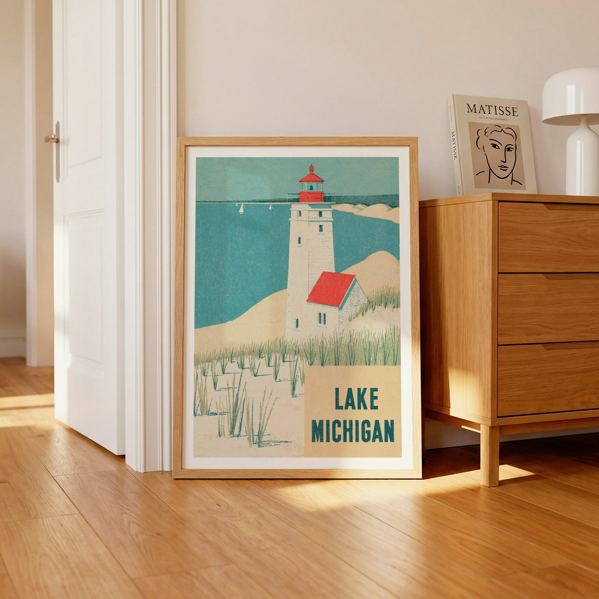 Retro Lake Michigan Lighthouse Poster, Vintage Travel Print, Coastal Wall Art, Sand Dunes Decor