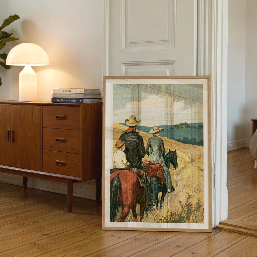 Vintage Western Print, Cowboy Family on Horseback, Prairie Landscape, Rustic Ranch Wall Art Poster