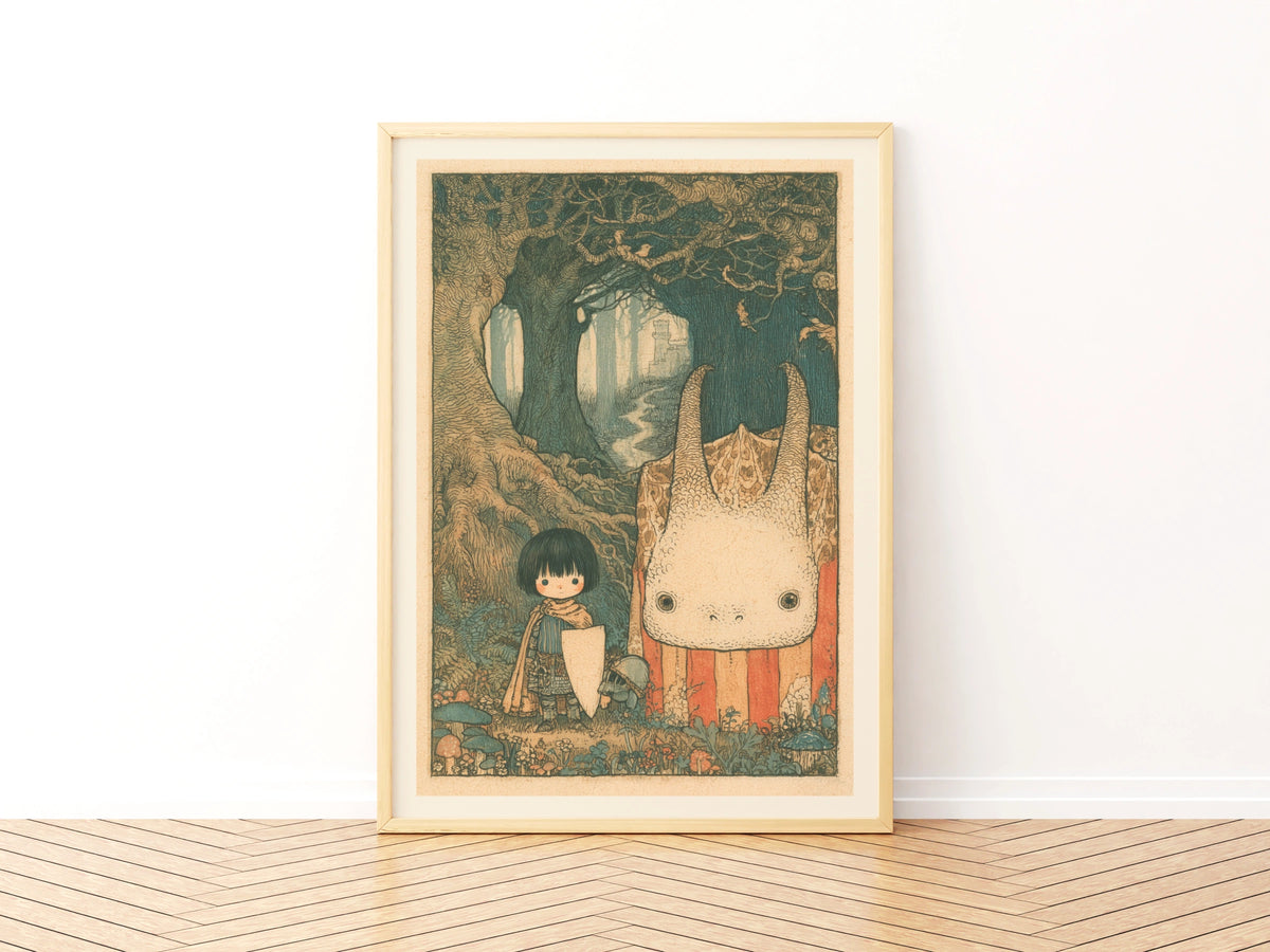 Retro Fantasy Forest Child Print, Woodland Monster Art, Kids Wall Poster Collectable