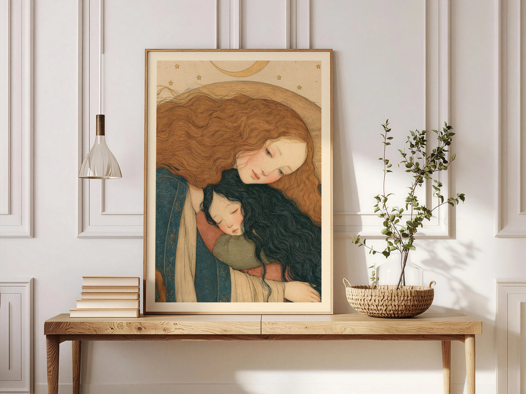 Mother and Child Art Print, Vintage Celestial Poster, Gold Crescent Moon and Stars, Nursery Wall