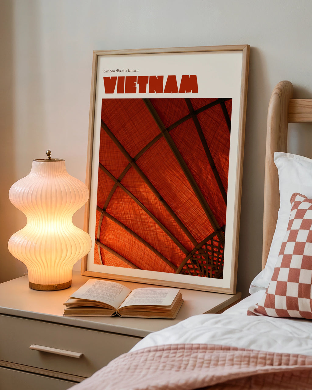 Vietnam Travel Poster, Retro Silk Lantern Print, Red Orange Wall Art, Asian Decor