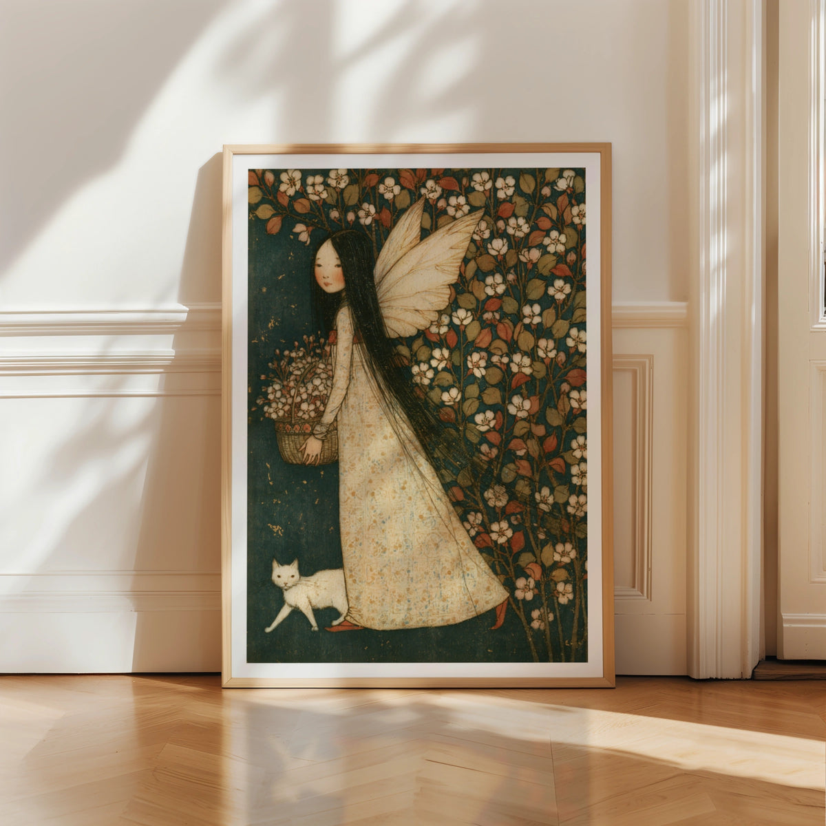 Fairy Girl Blossom Classic Art Print, White Cat Floral Folk Poster, Vintage Style
