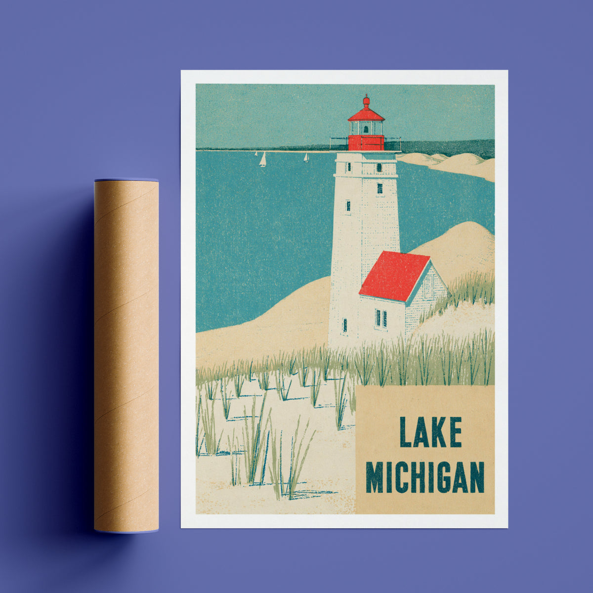 Retro Lake Michigan Lighthouse Poster, Vintage Travel Print, Coastal Wall Art, Sand Dunes Decor