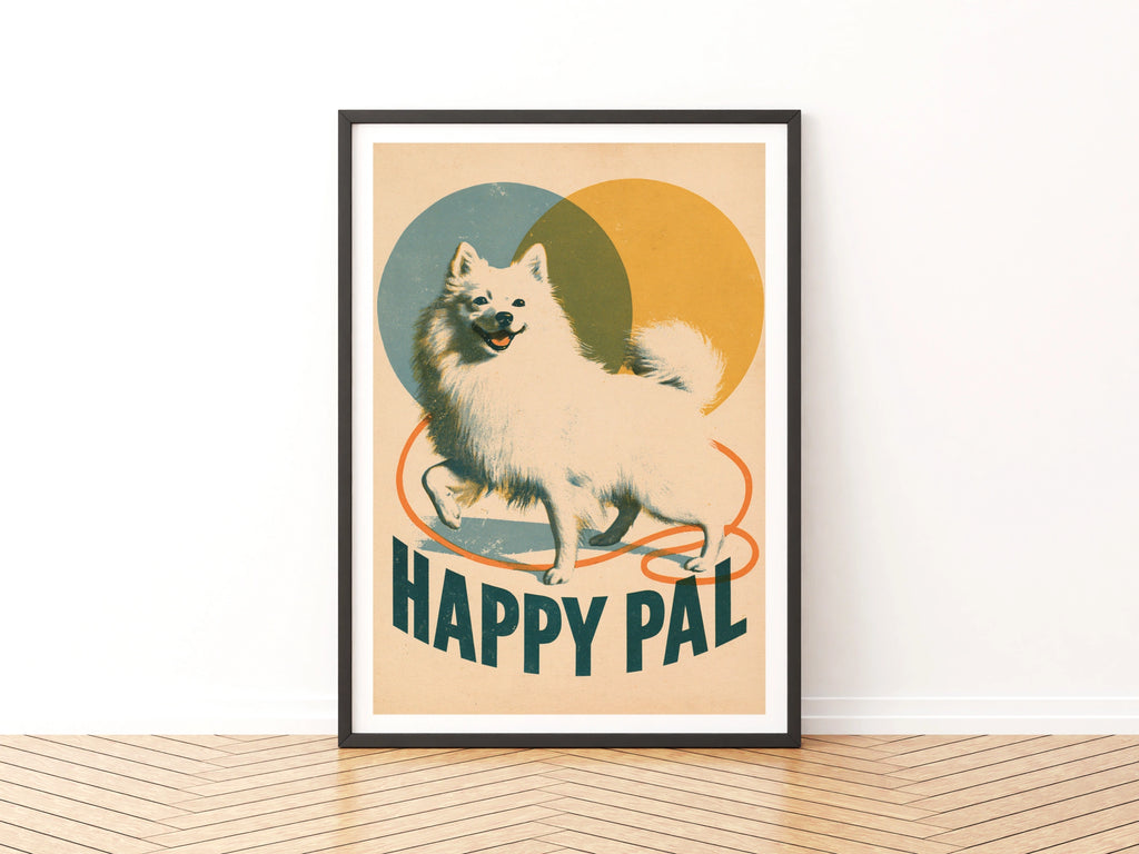 Retro Spitz Dog Poster, Happy Pal Folk Art Print, Vintage Style Wall Art Gift
