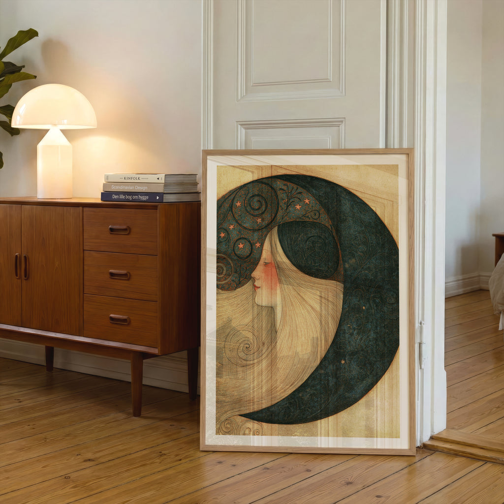 Crescent Moon Woman Art Nouveau Print, Celestial Wall Art, Vintage Moon Goddess Poster, Stars