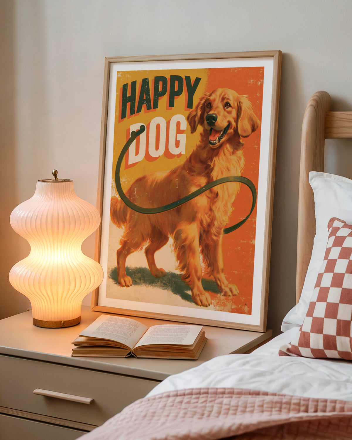 Happy Dog Retro Poster, Golden Retriever Wall Art, Vintage Dog Print, Orange Folk Style