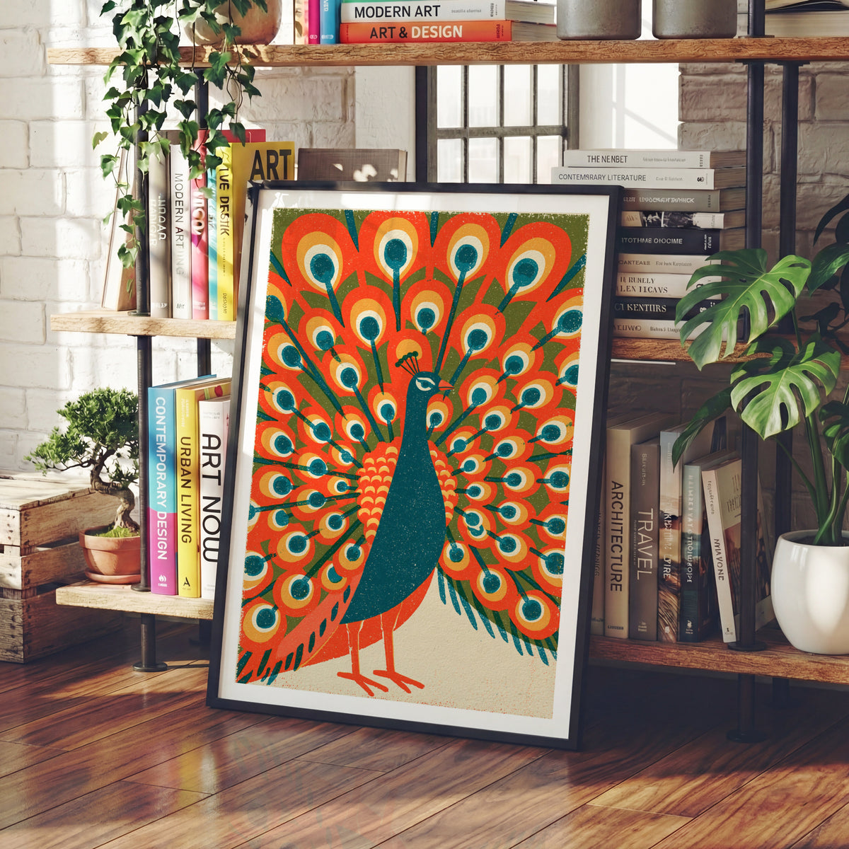 Retro Peacock Wall Art, Vintage Bird Poster, Mid Century Animal Print, Bold Orange Gallery Wall